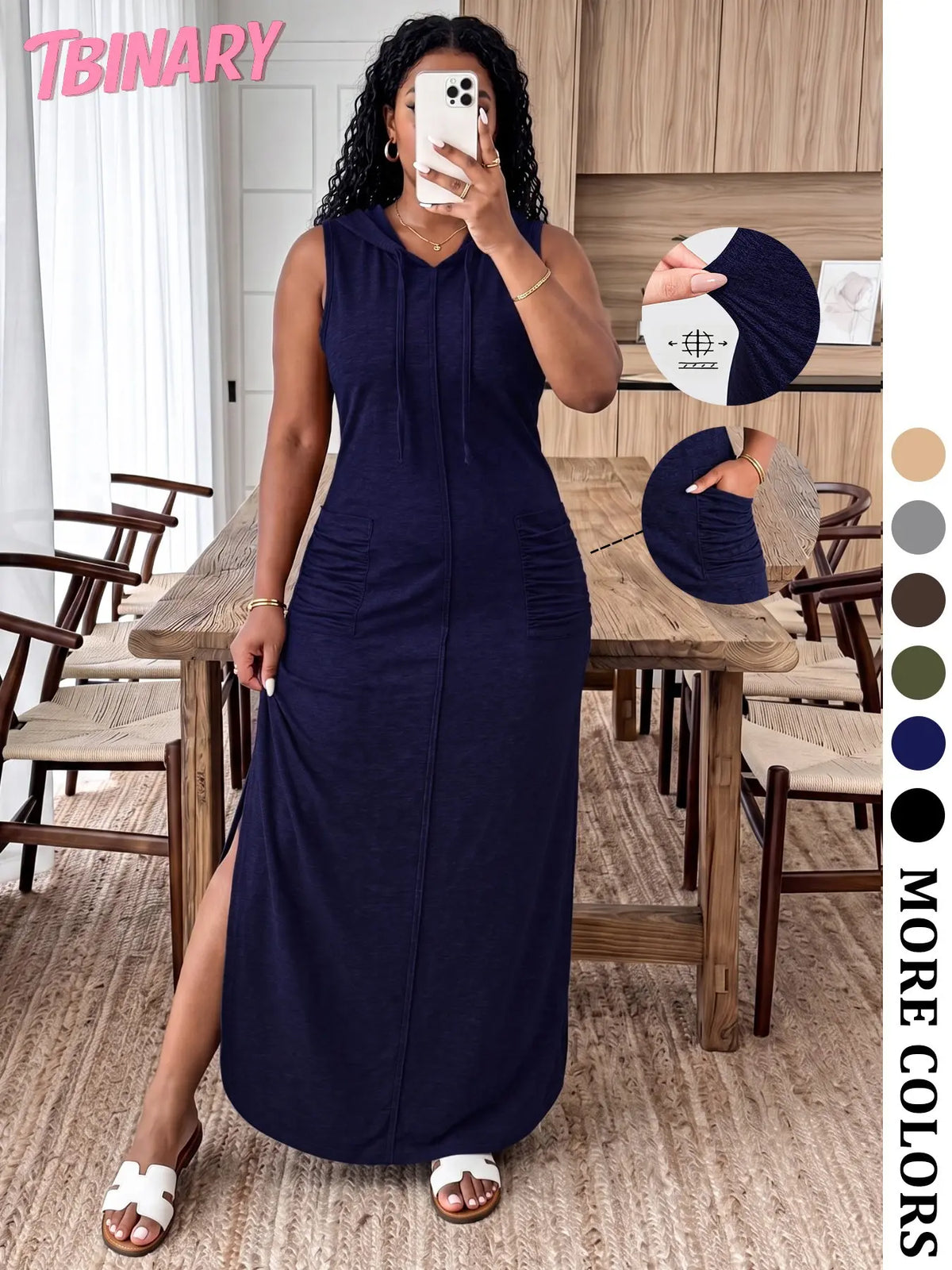 Women’S Fall New Arrivals Multicolor High Stretch Hoodie Maxi Dress, Soft Sleeveless Loose Fit Long Dress with Pockets, Loose Fitting Dress, Comfy Casual Outfit for Travel, Everyday Wear, Weekend Style & Airport Look, Fall to Summer, Womenswear