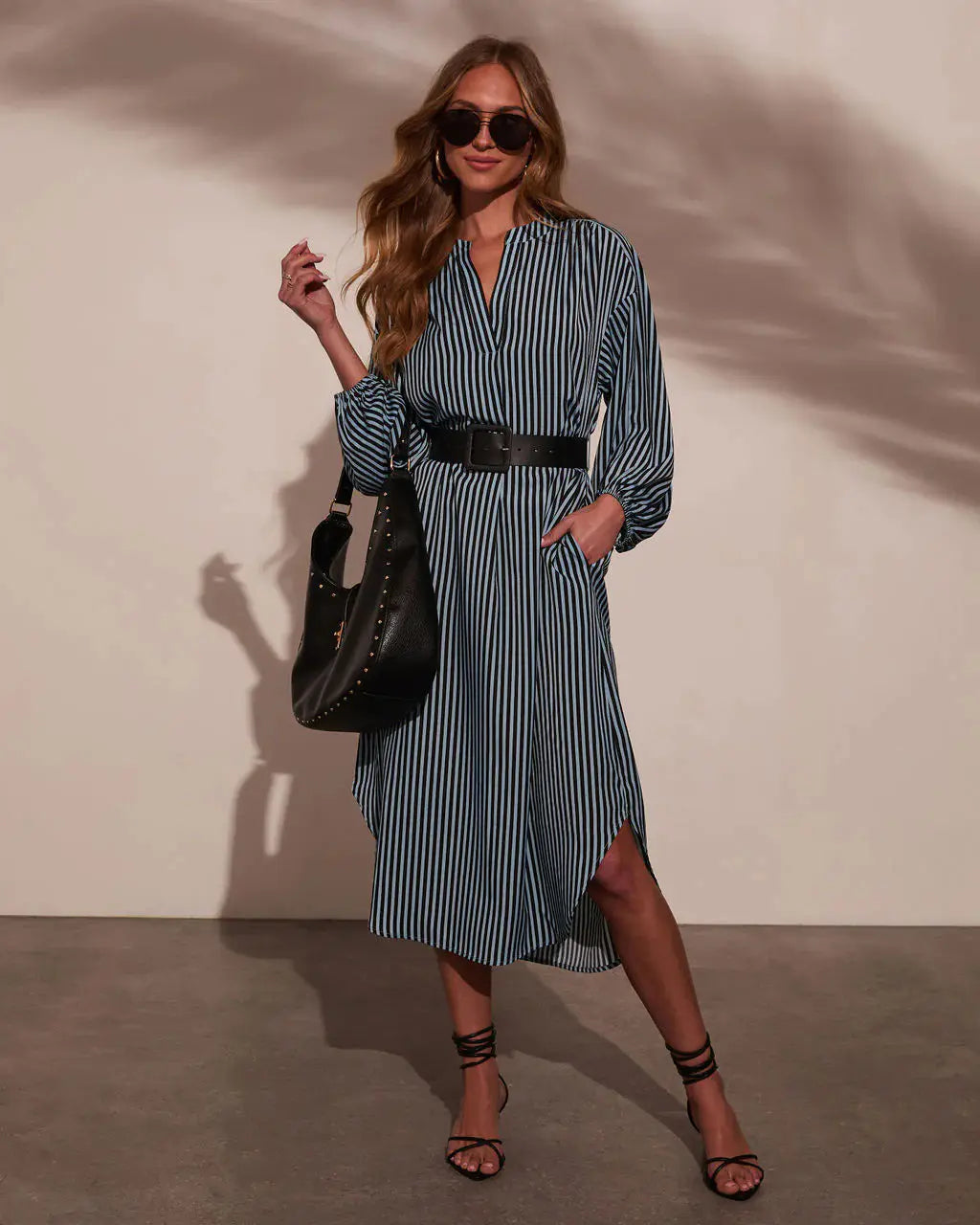 Women Striped Midi Dress V Neck Lantern Long Sleeve Split Hem Shirt Dress with Belt