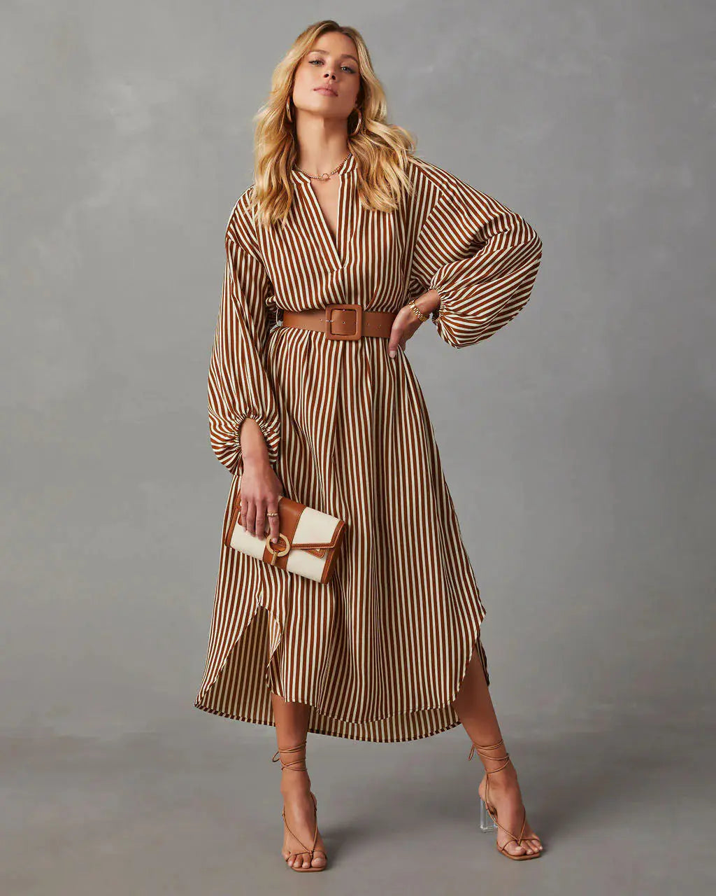 Women Striped Midi Dress V Neck Lantern Long Sleeve Split Hem Shirt Dress with Belt