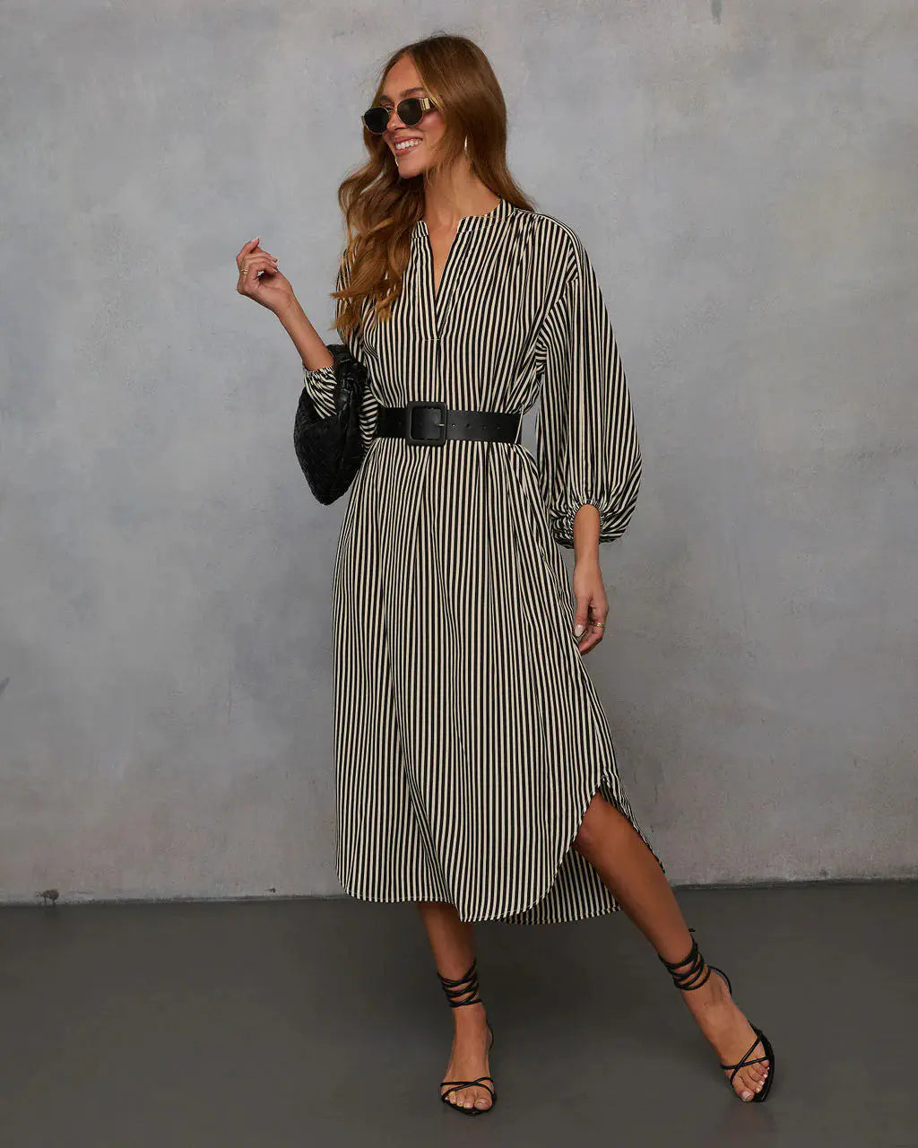 Women Striped Midi Dress V Neck Lantern Long Sleeve Split Hem Shirt Dress with Belt