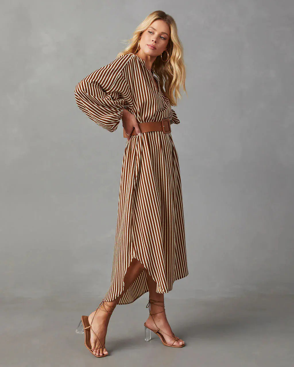 Women Striped Midi Dress V Neck Lantern Long Sleeve Split Hem Shirt Dress with Belt