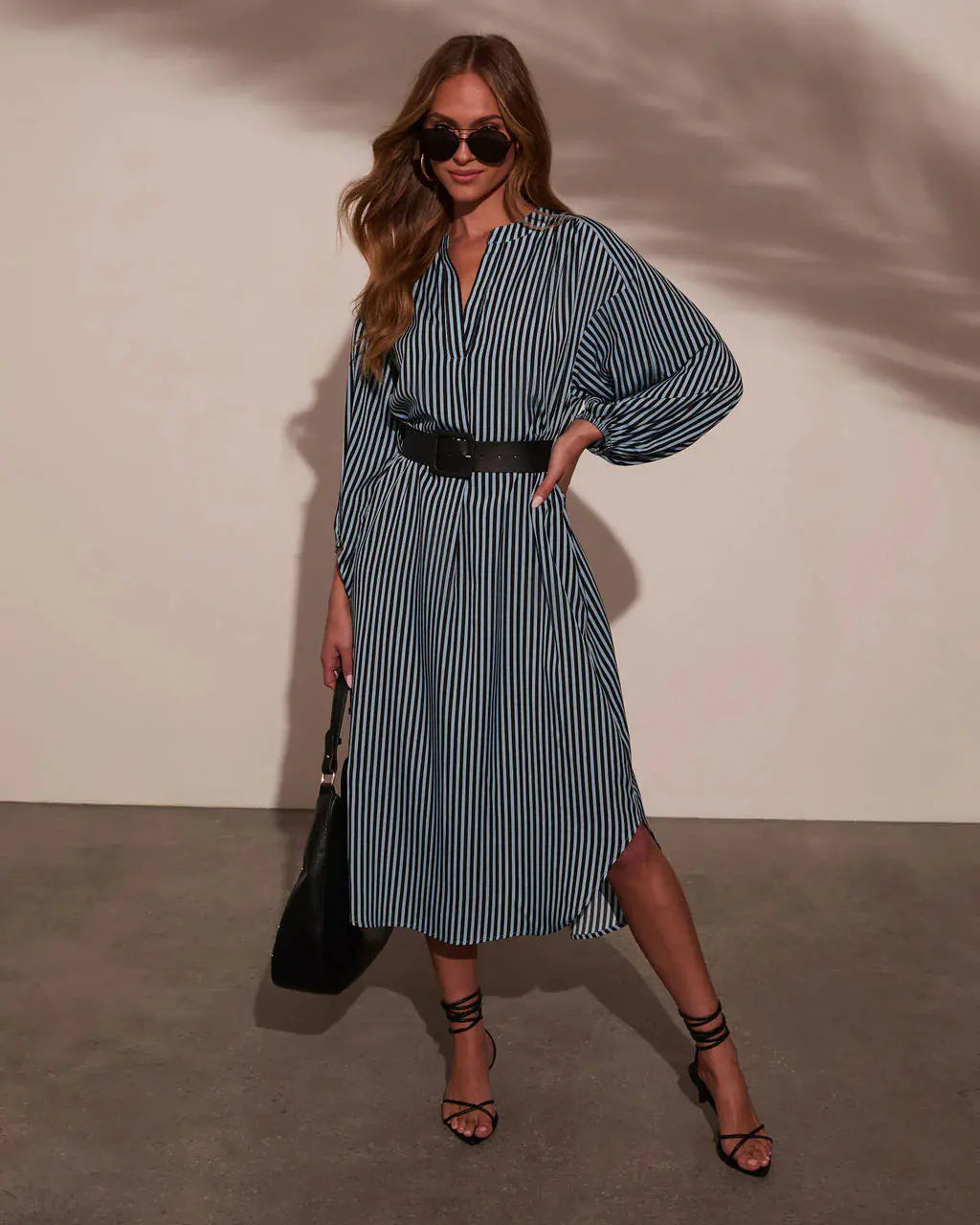 Women Striped Midi Dress V Neck Lantern Long Sleeve Split Hem Shirt Dress with Belt