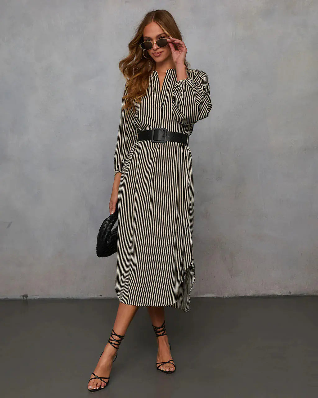 Women Striped Midi Dress V Neck Lantern Long Sleeve Split Hem Shirt Dress with Belt
