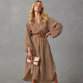 Women Striped Midi Dress V Neck Lantern Long Sleeve Split Hem Shirt Dress with Belt