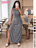 Women’S Fall New Arrivals Multicolor High Stretch Hoodie Maxi Dress, Soft Sleeveless Loose Fit Long Dress with Pockets, Loose Fitting Dress, Comfy Casual Outfit for Travel, Everyday Wear, Weekend Style & Airport Look, Fall to Summer, Womenswear