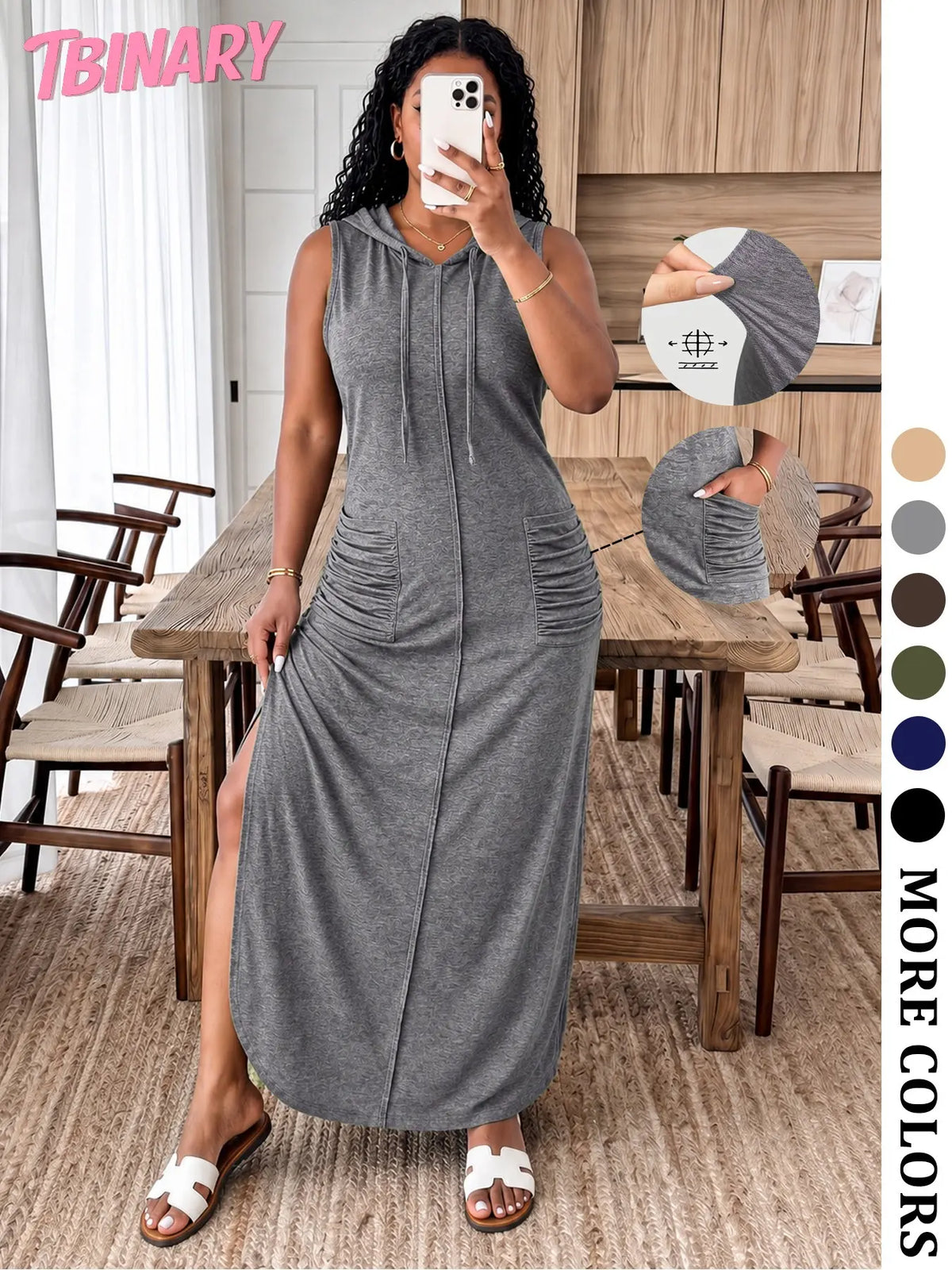 Women’S Fall New Arrivals Multicolor High Stretch Hoodie Maxi Dress, Soft Sleeveless Loose Fit Long Dress with Pockets, Loose Fitting Dress, Comfy Casual Outfit for Travel, Everyday Wear, Weekend Style & Airport Look, Fall to Summer, Womenswear