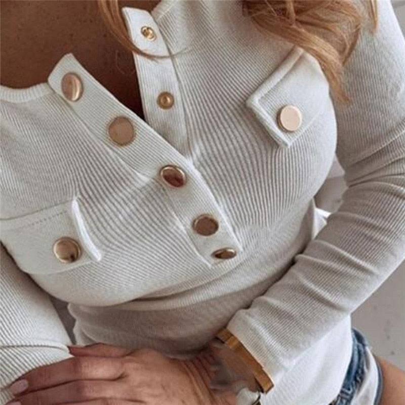 Button-Detail O-Neck Tee – Women's Loose Cotton Long Sleeve Top