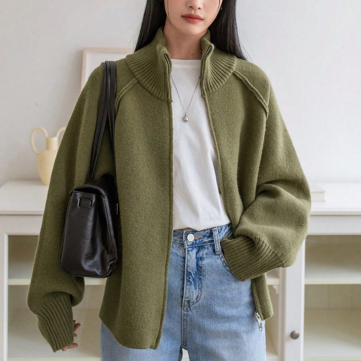 Lazy Sweater Coat Women Autumn Winter Korean Solid Color Stand Collar Zipper Knitted Cardigan Top