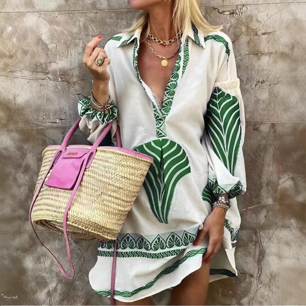 Long Sleeve V-Neck Shirt Dress – Women's Relaxed Midi Tunic