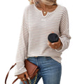 Striped Waffle Knit Top – Women's Loose V-Neck Long Sleeve