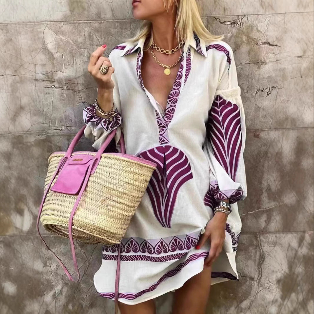Long Sleeve V-Neck Shirt Dress – Women's Relaxed Midi Tunic