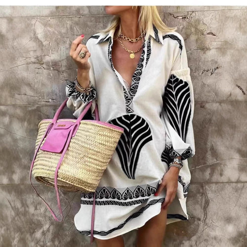 Long Sleeve V-Neck Shirt Dress – Women's Relaxed Midi Tunic