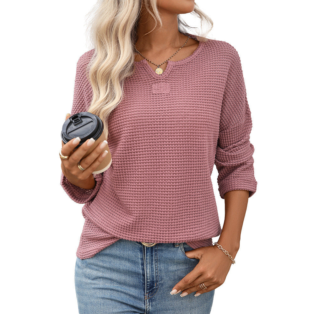 Striped Waffle Knit Top – Women's Loose V-Neck Long Sleeve