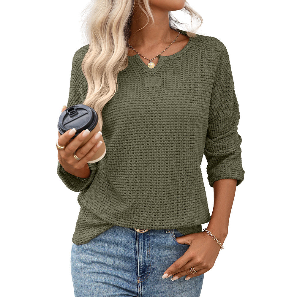 Striped Waffle Knit Top – Women's Loose V-Neck Long Sleeve