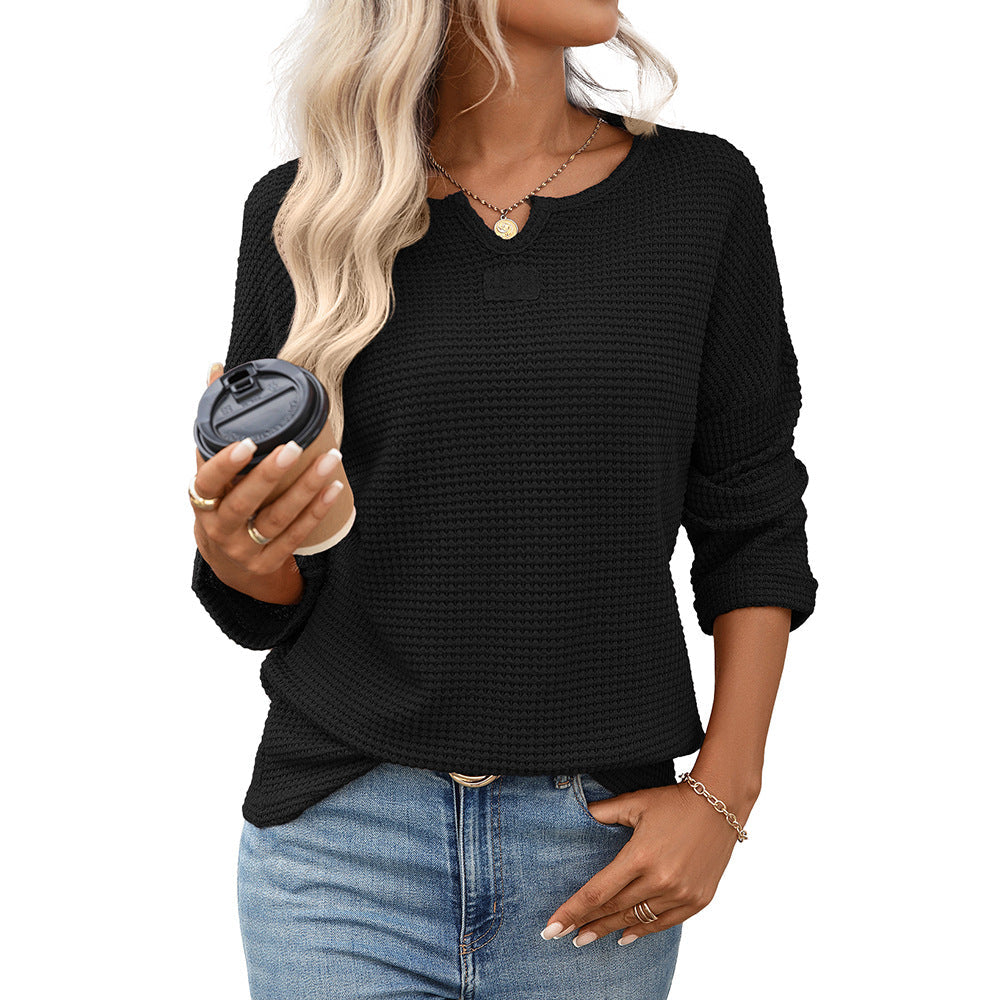 Striped Waffle Knit Top – Women's Loose V-Neck Long Sleeve