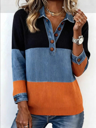 Contrast Color Button-Detail Knit Top – Women's Elegant Commuter