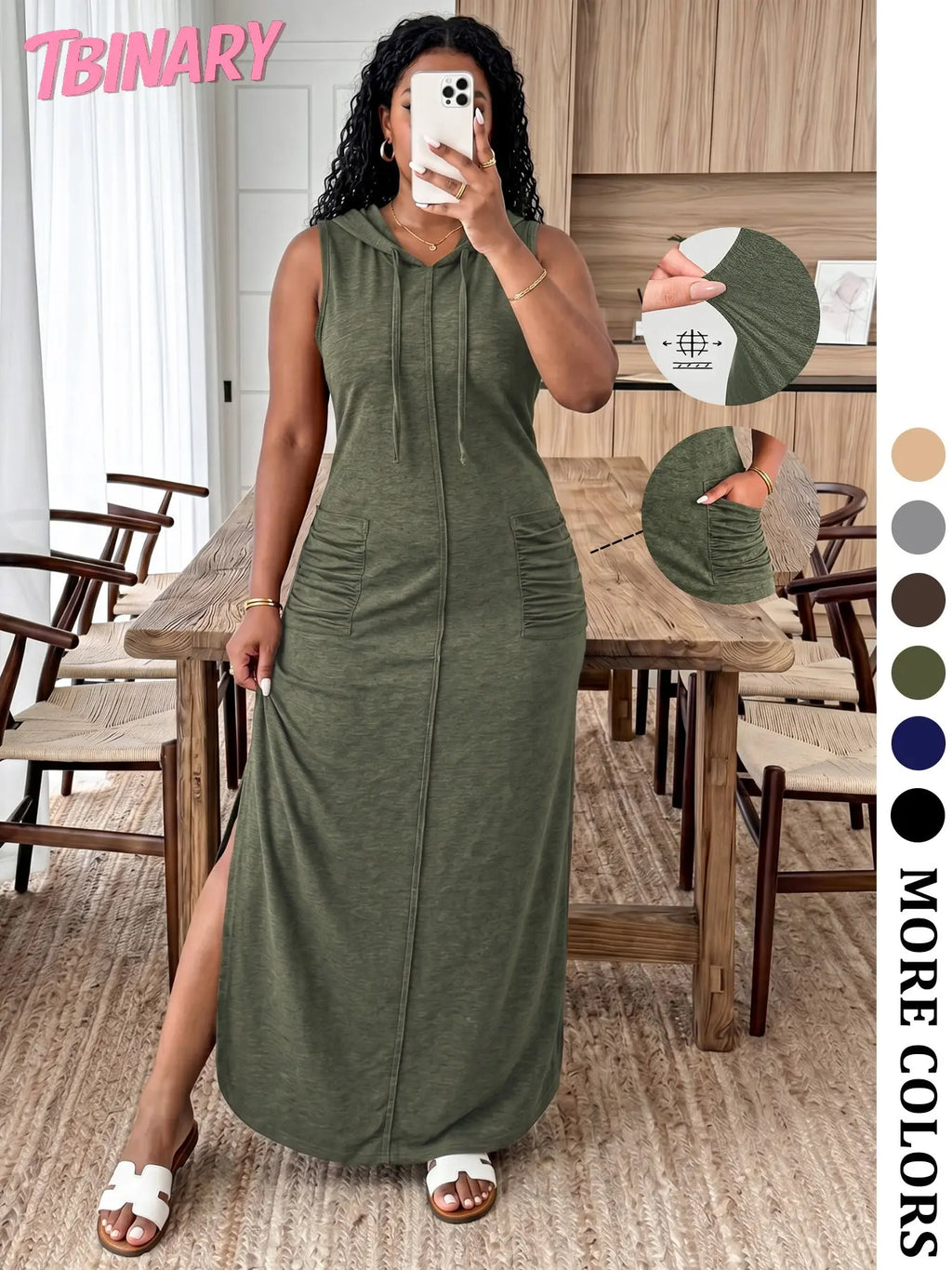 Women’S Fall New Arrivals Multicolor High Stretch Hoodie Maxi Dress, Soft Sleeveless Loose Fit Long Dress with Pockets, Loose Fitting Dress, Comfy Casual Outfit for Travel, Everyday Wear, Weekend Style & Airport Look, Fall to Summer, Womenswear