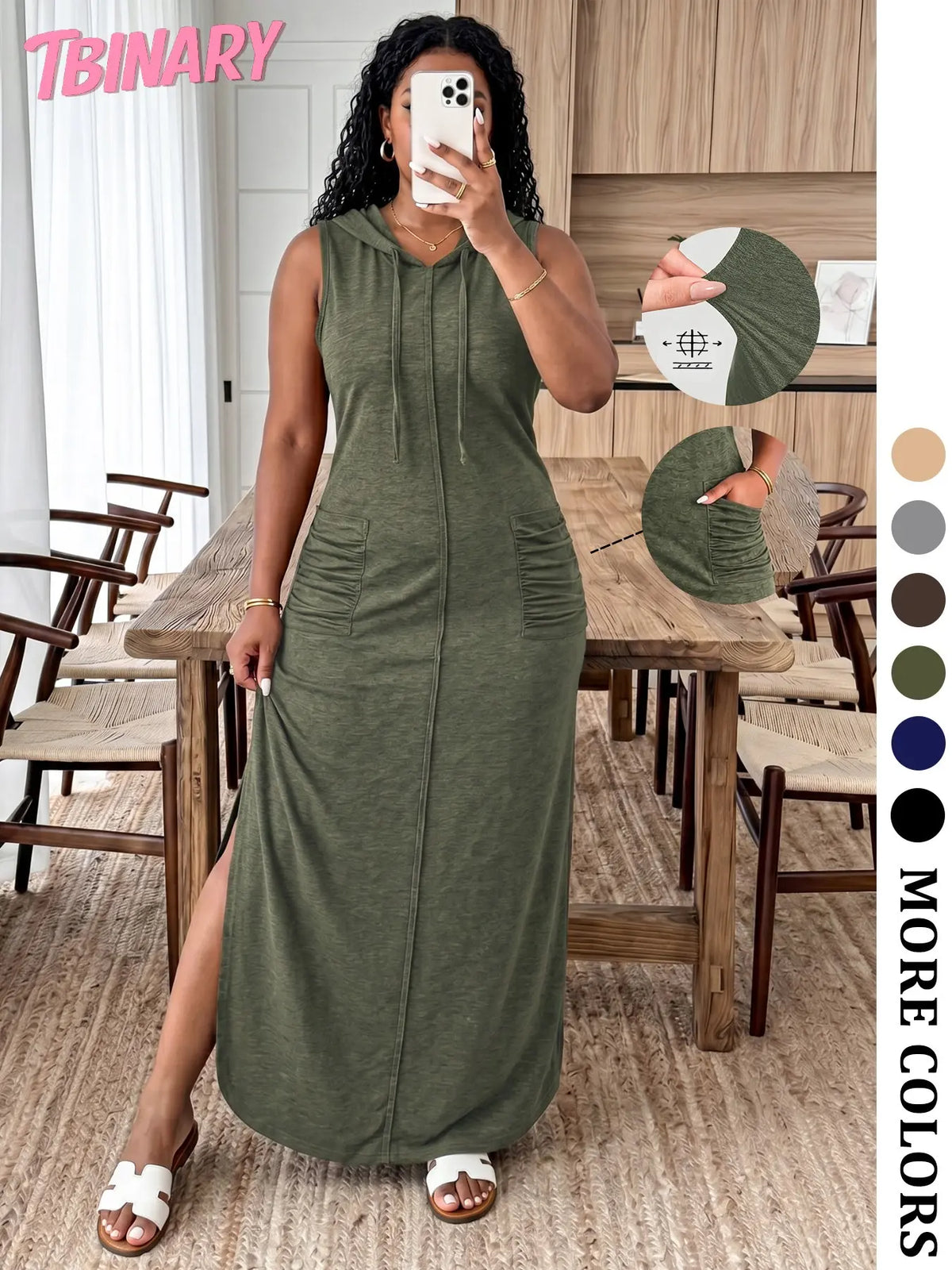 Women’S Fall New Arrivals Multicolor High Stretch Hoodie Maxi Dress, Soft Sleeveless Loose Fit Long Dress with Pockets, Loose Fitting Dress, Comfy Casual Outfit for Travel, Everyday Wear, Weekend Style & Airport Look, Fall to Summer, Womenswear