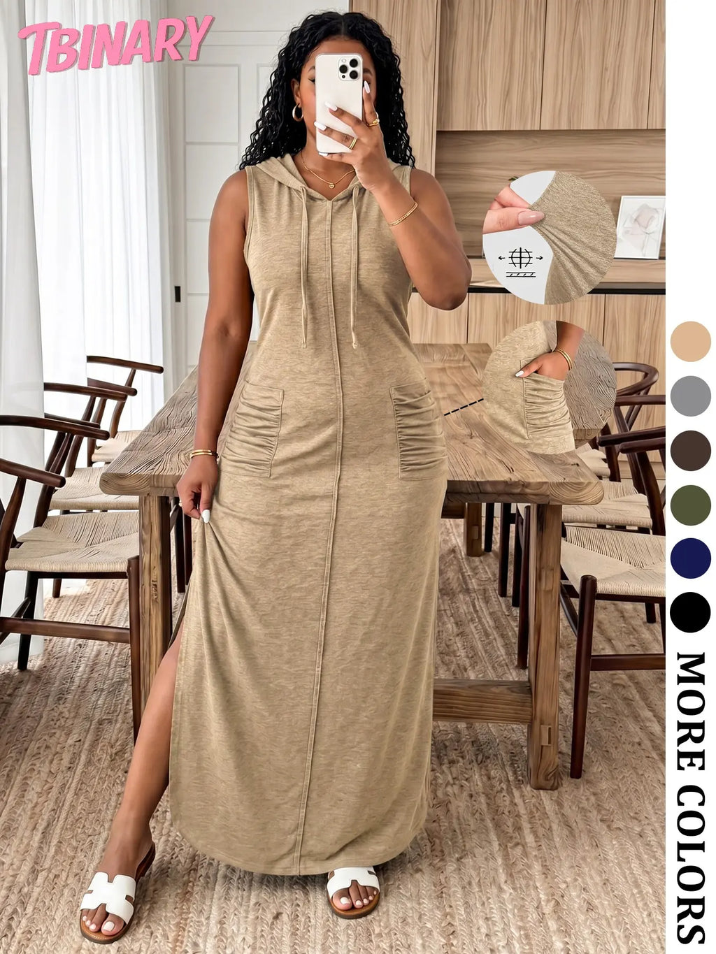 Women’S Fall New Arrivals Multicolor High Stretch Hoodie Maxi Dress, Soft Sleeveless Loose Fit Long Dress with Pockets, Loose Fitting Dress, Comfy Casual Outfit for Travel, Everyday Wear, Weekend Style & Airport Look, Fall to Summer, Womenswear