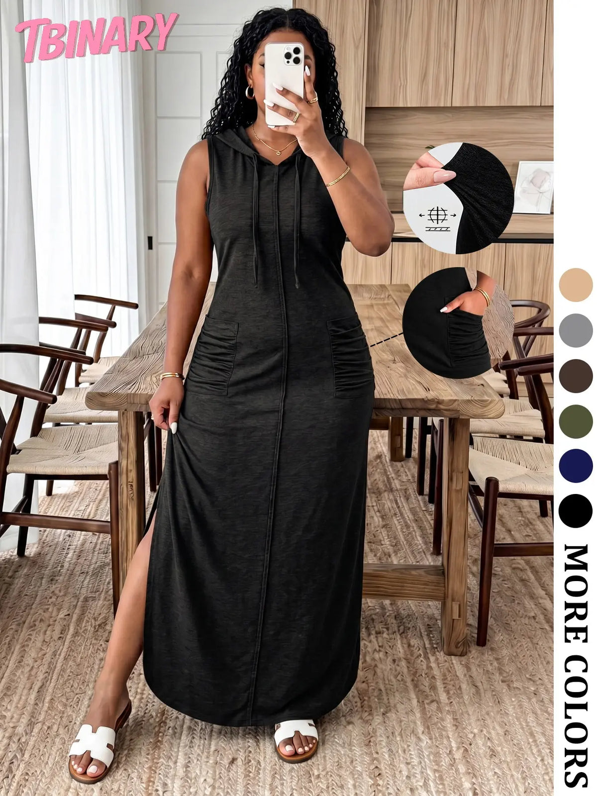 Women’S Fall New Arrivals Multicolor High Stretch Hoodie Maxi Dress, Soft Sleeveless Loose Fit Long Dress with Pockets, Loose Fitting Dress, Comfy Casual Outfit for Travel, Everyday Wear, Weekend Style & Airport Look, Fall to Summer, Womenswear