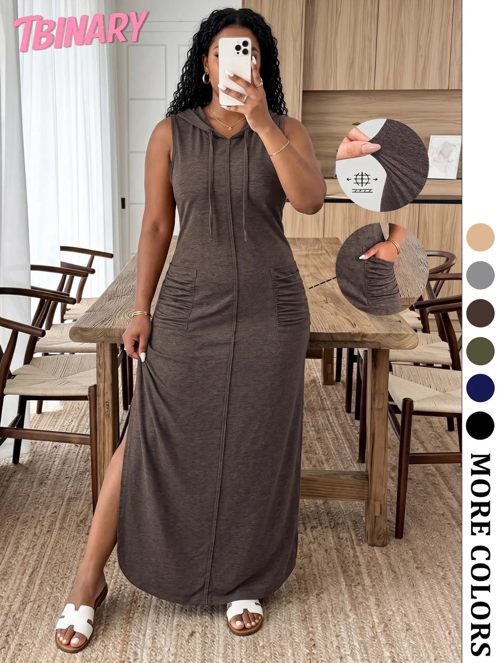 Women’S Fall New Arrivals Multicolor High Stretch Hoodie Maxi Dress, Soft Sleeveless Loose Fit Long Dress with Pockets, Loose Fitting Dress, Comfy Casual Outfit for Travel, Everyday Wear, Weekend Style & Airport Look, Fall to Summer, Womenswear