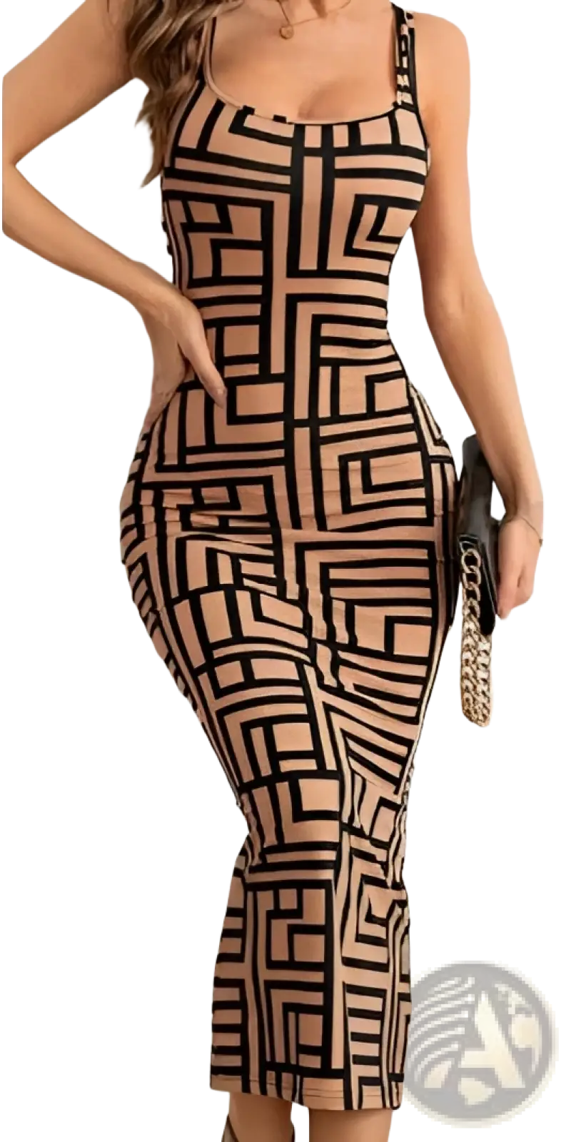 Geometric Print Spaghetti Strap Bodycon Midi Dress