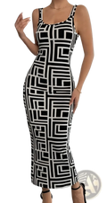 Geometric Print Spaghetti Strap Bodycon Midi Dress