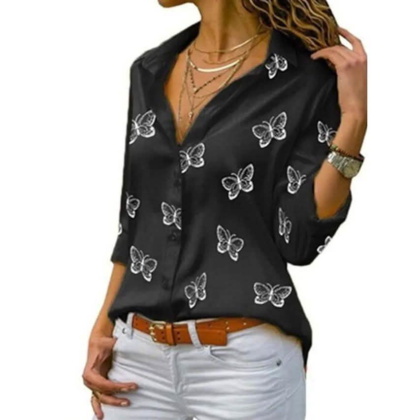 Butterfly Print Long Sleeve Top – Women's Shirt Collar Blouse