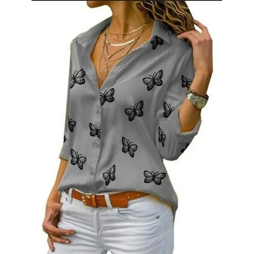 Butterfly Print Long Sleeve Top – Women's Shirt Collar Blouse