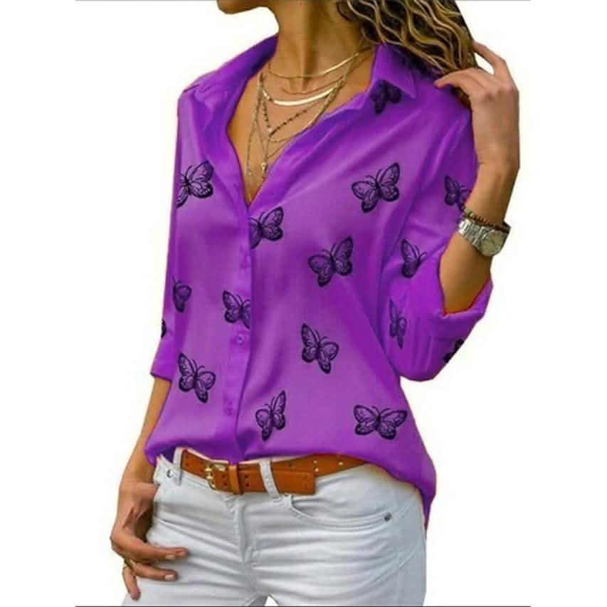 Butterfly Print Long Sleeve Top – Women's Shirt Collar Blouse