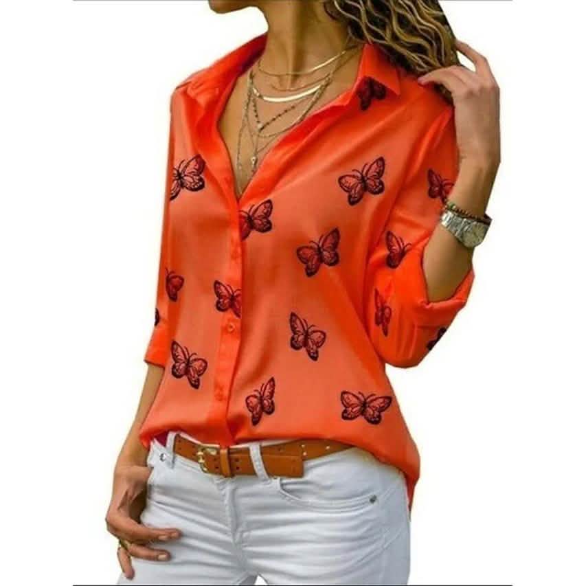 Butterfly Print Long Sleeve Top – Women's Shirt Collar Blouse