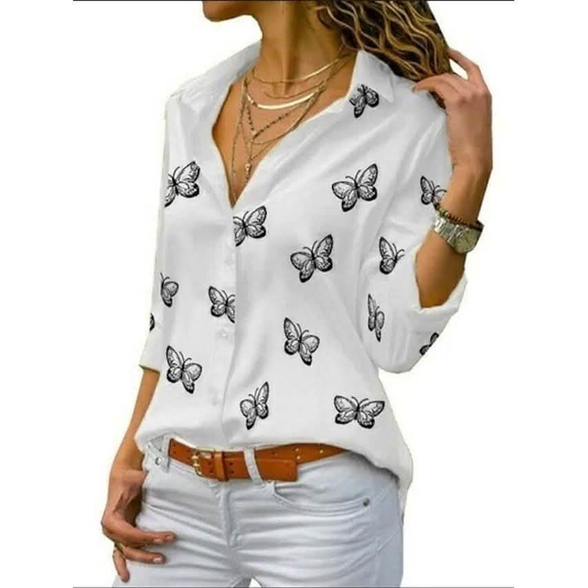 Butterfly Print Long Sleeve Top – Women's Shirt Collar Blouse