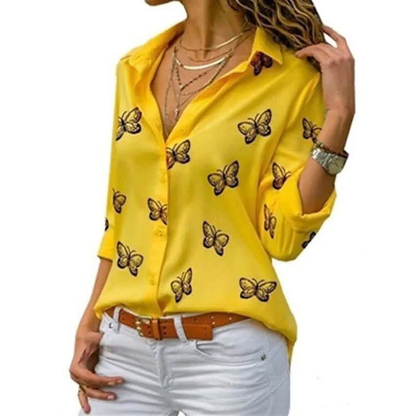 Butterfly Print Long Sleeve Top – Women's Shirt Collar Blouse